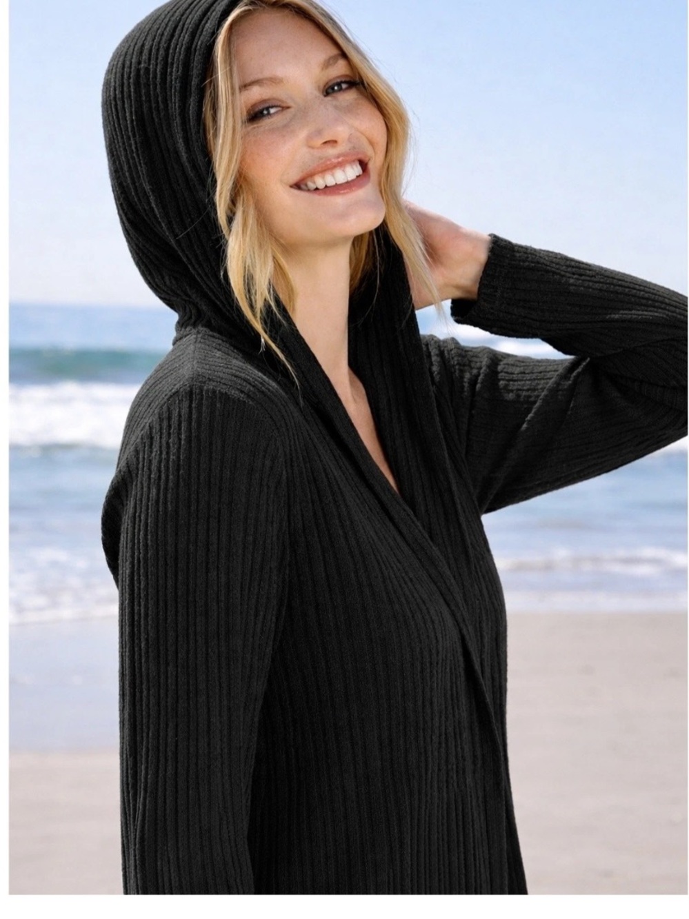 Barefoot Dreams Namaste Ribbed Hooded Cardigan Black Size S - Picture 2 of 12
